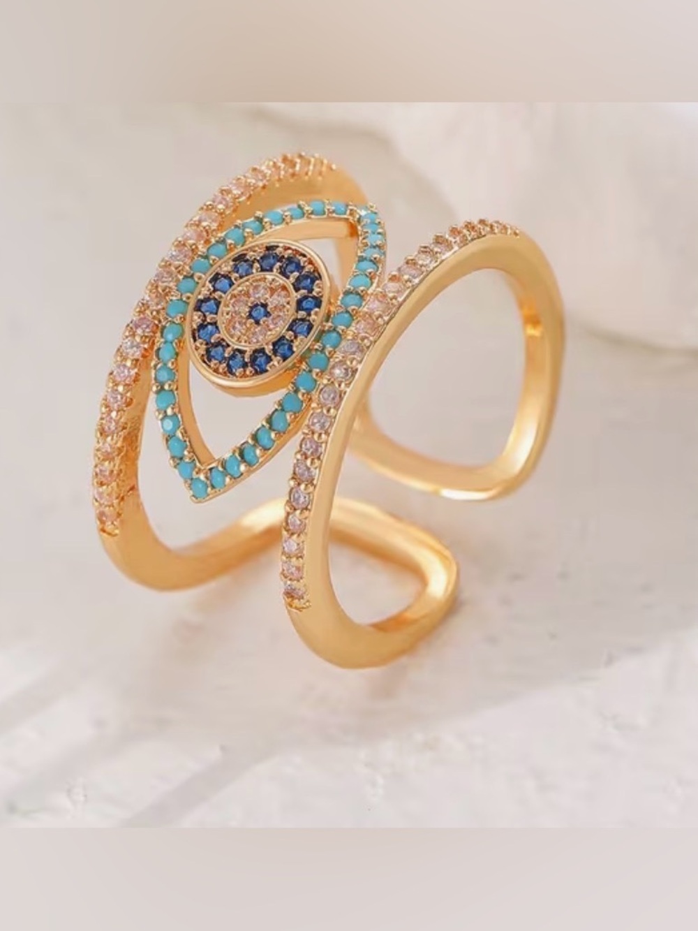 Gold-Tone Blue & Turquoise Evil Eye Ring